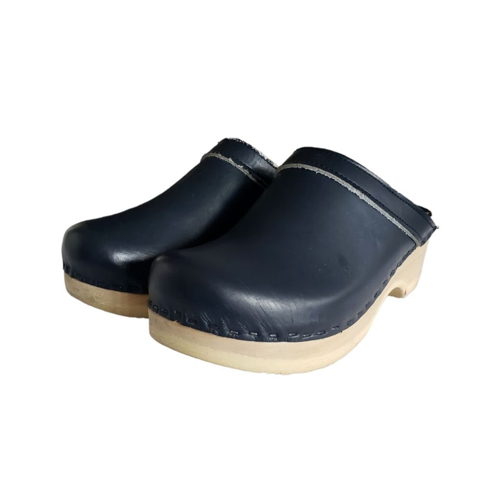 Swedish Comfort Navy Leather Wooden Clogs Shoes Size EU 35 US Size 5